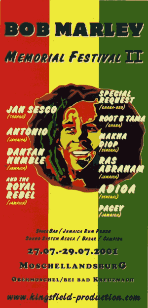 Flyer Peter Tosh Memorial Festival Moschellandsburg Obermoschel Reggae Africa Afrika Bob Marley Party Irie